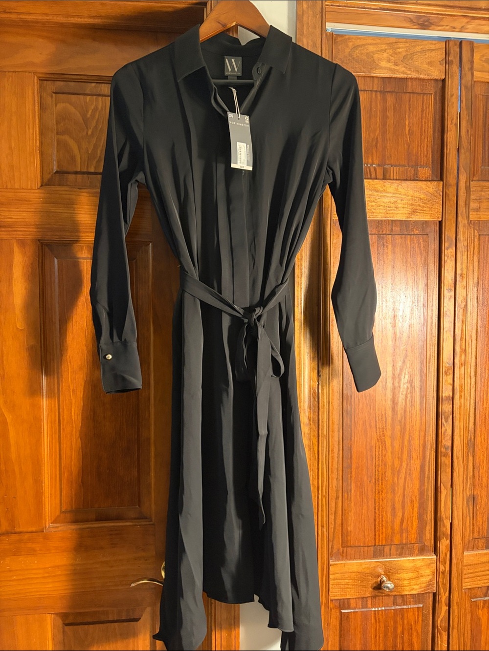 Brand New w/Tags- Black Long-Sleeve Tie-Waist Shirt Dress, SHEER SLEEVES